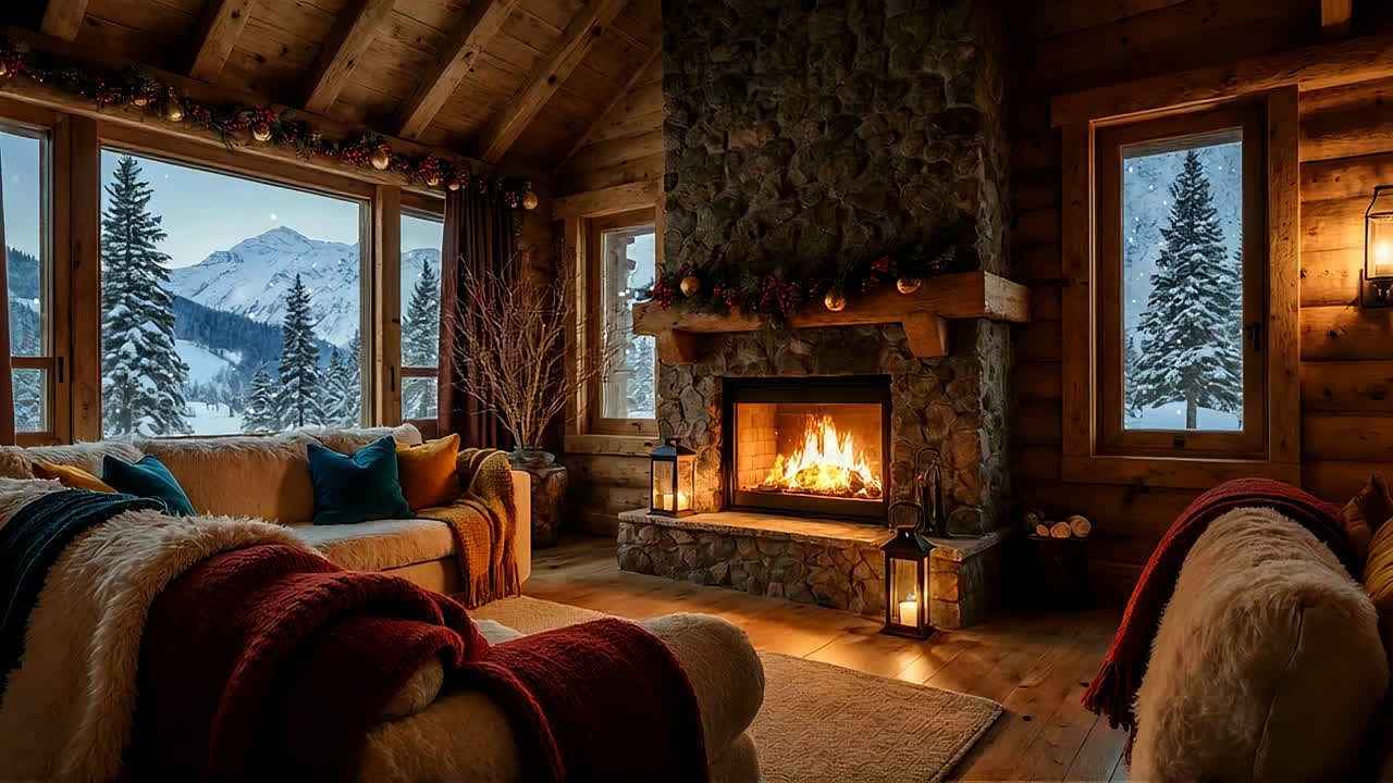Cozy Winter Cabin Fireplace Jazz Ambience for Relaxing Nights with Peaceful Snowfall View 01
