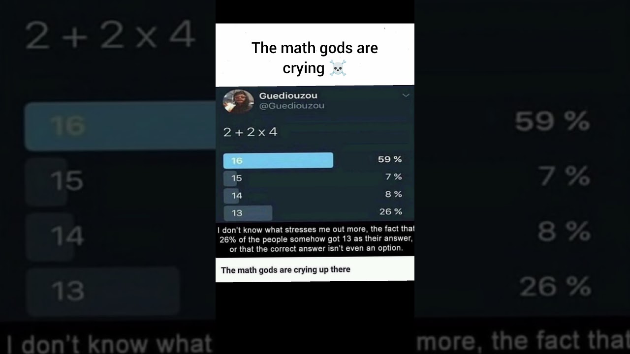 Did you understand? This dark humor math meme shows a viral poll asking &ldquo;2 + 2 &times; 4&rdquo; .
