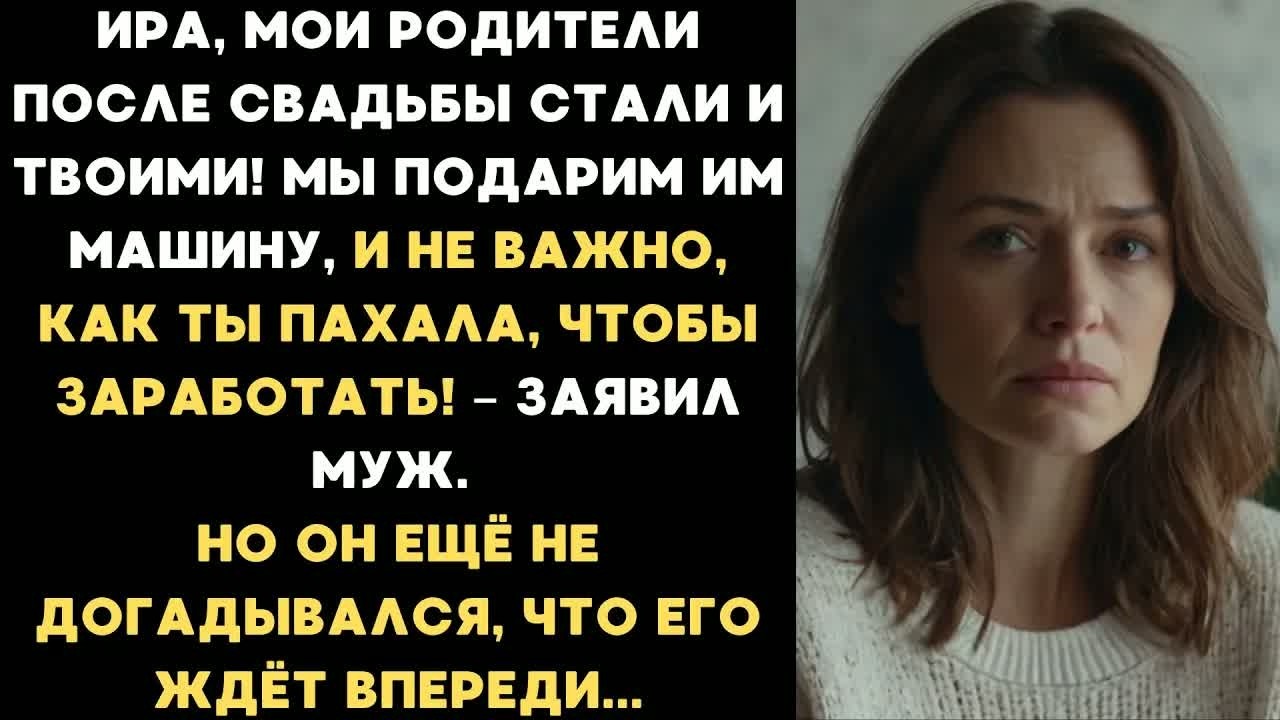 Ира, мы подарим моим родителям машину, и не важно, как ты пахала, чтобы заработать! – заявил муж