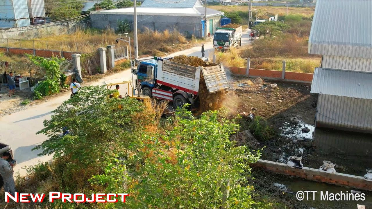 Mix 2 VDO !! Opening New Project Filling Land & Warehouse By Dump Truck 5T & Bulldozer Pushing Stone