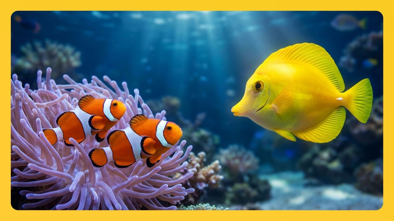Beautiful Aquarium : Clownfish & Yellow Tang Coral Reef Scene - #febfeatures