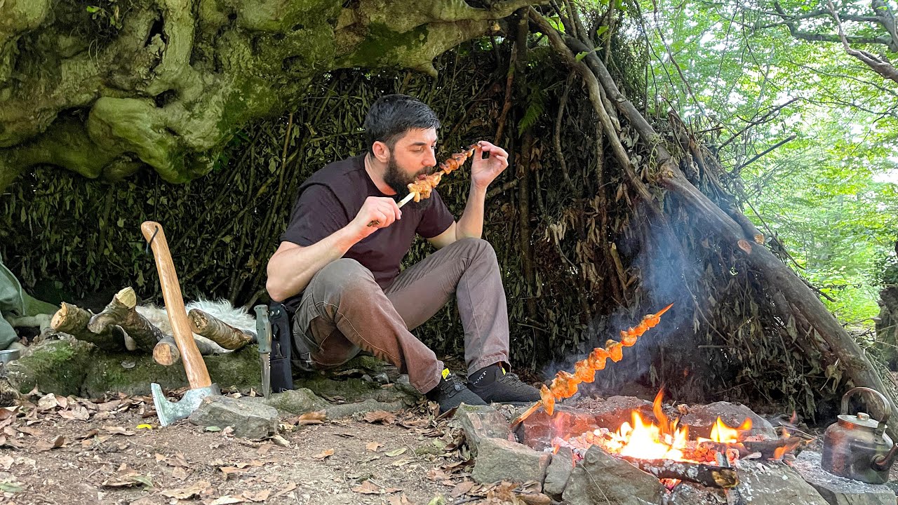 2 DAYS Solo Survival Bushcraft Camping! Relaxing Night in HUNTER Shelter | Campfire Cooking