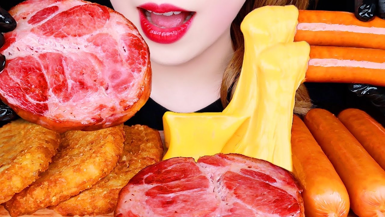 ASMR ROASTED PORK, SAUSAGES, HASH BROWNS, CHEESE SAUCE 통목살, 치즈소스 먹방 EATING SOUNDS MUKBANG NO TALKING