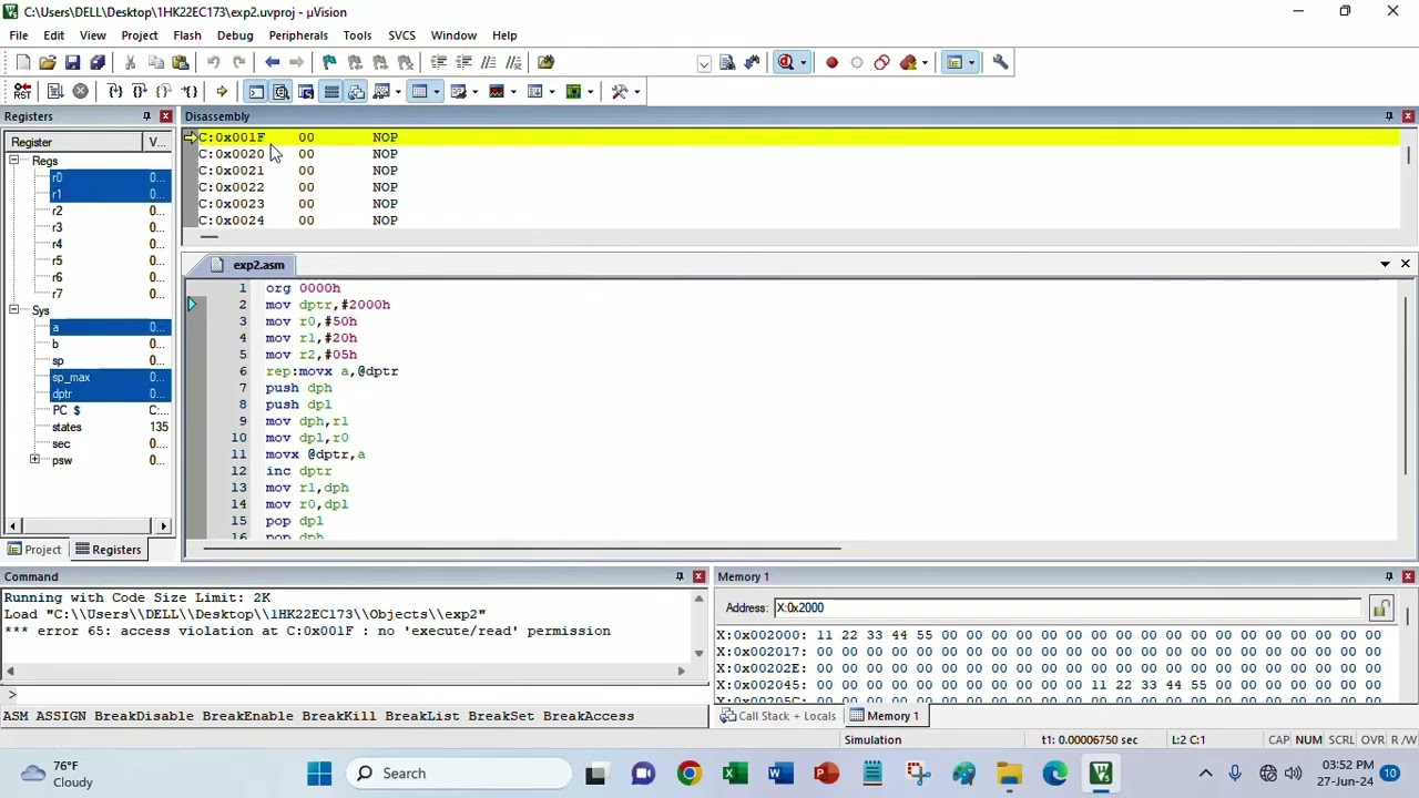 exp2 Write an ALP to move a block of n bytes of data from source 2000h to destination 2050h using Ex