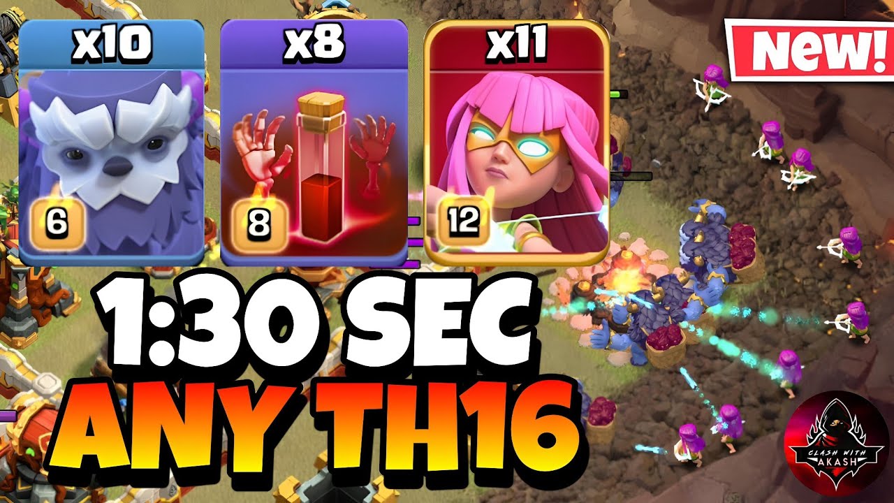 Th16 Yeti Super Archer Attack With 8 Skeleton Spell | Best Th16 Attack Strategy in Clash of Clans