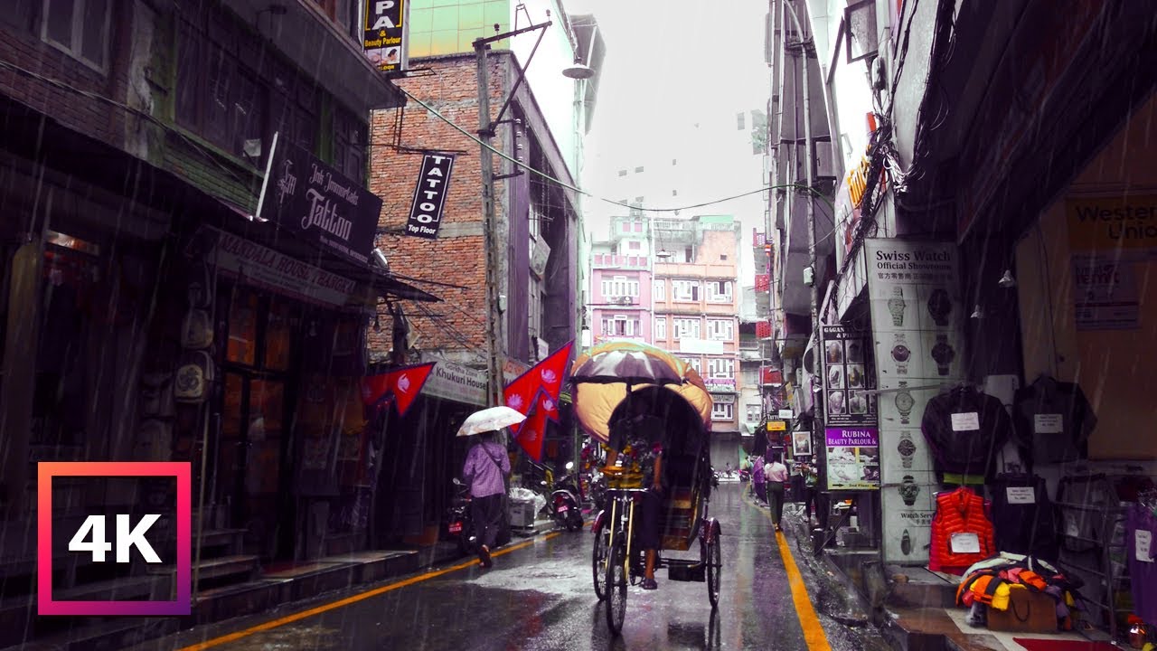 4K Walking in Heavy Rain in Thamel, Kathmandu - ASMR - Binaural Rain Sounds | 3D Audio