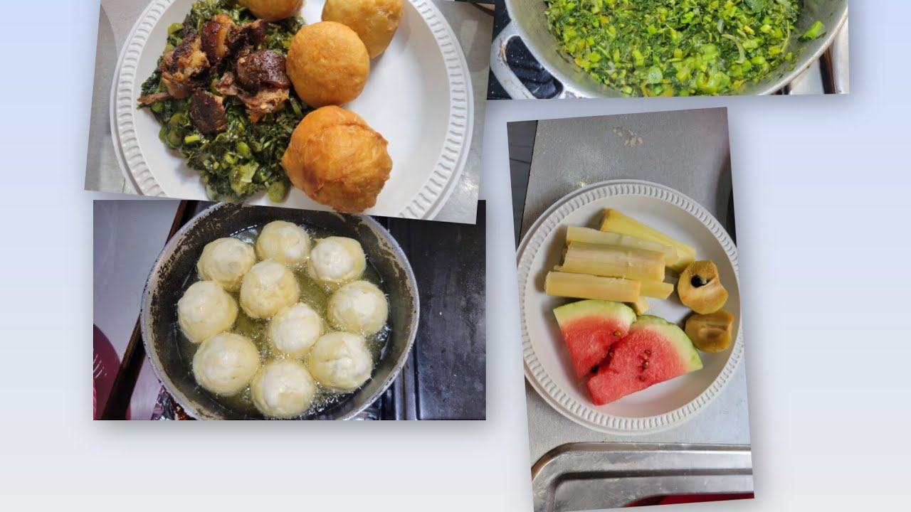 Cooking calaloo and fried dumplings,  