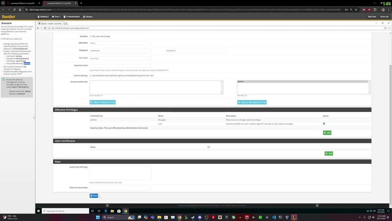 Попытка пройти тест CompTIA TestOut CyberDefense Pro 2.4.10 &laquo;Настройка доступа к устройству безопасности&raquo;.
