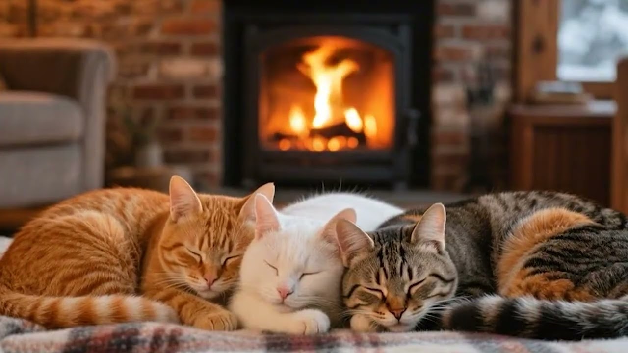 Purring Cats & Fireplace Ambience (1 Hours) – 4K Deep Sleep Relaxation