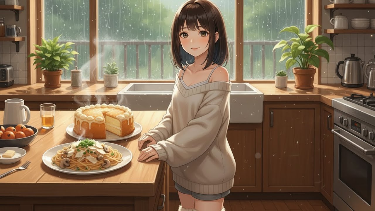 A Cozy Rainy Day in My Life 🌧️ Cooking Mushroom Pasta & Vanilla Cake (Ghibli Style)