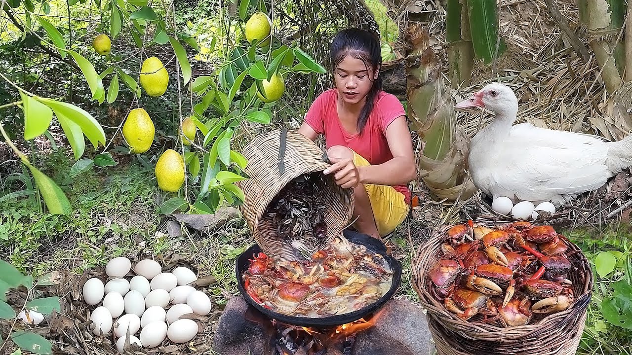 Survival skills: Catch crab and Pick natural fruit for food in forest, Egg cooking with bamboo shoot