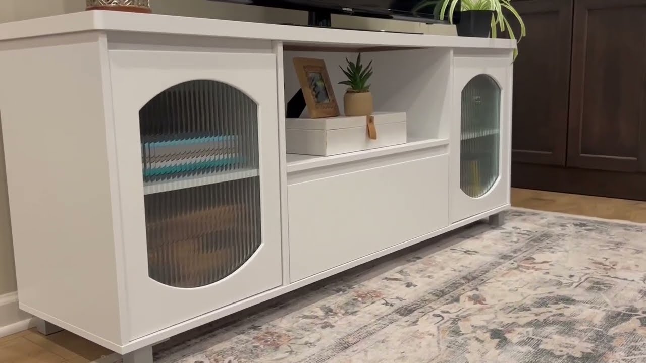 Features of GarveeHome Modern Entertainment Center, TV Cabinet with Fluted Glass Door and Open Shelv