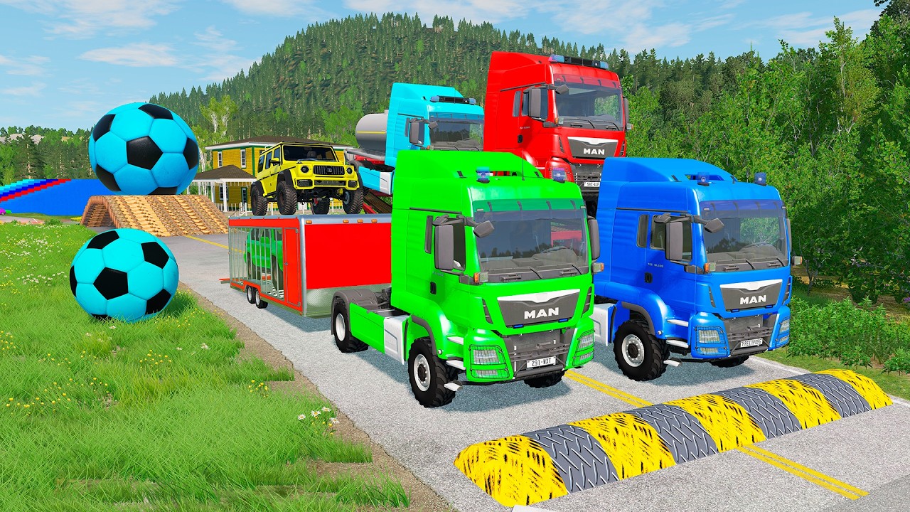 Triple Flatbed Trailer McQueen Transportation with Truck - Speedbumps vs Cars vs Train - BeamNG 0143