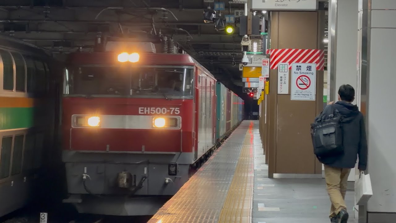 【4K高画質】JR貨物EH500形75号機〔仙貨〕（側面JRFロゴマーク有り）＋コキ19両が大宮駅4番線を通過するシーン（3050レ・仙貨A133・コンテナ輸送）2026.2.16