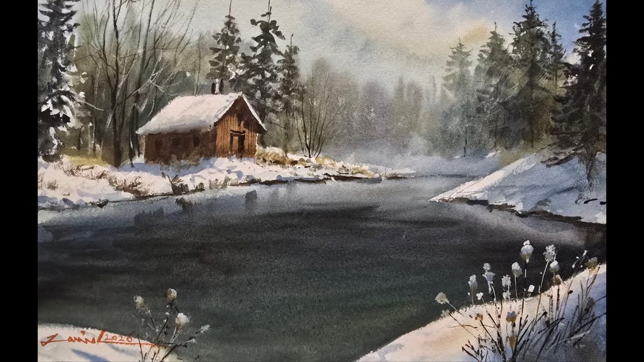 How to Paint a Winter Cabin Reflection in Watercolor