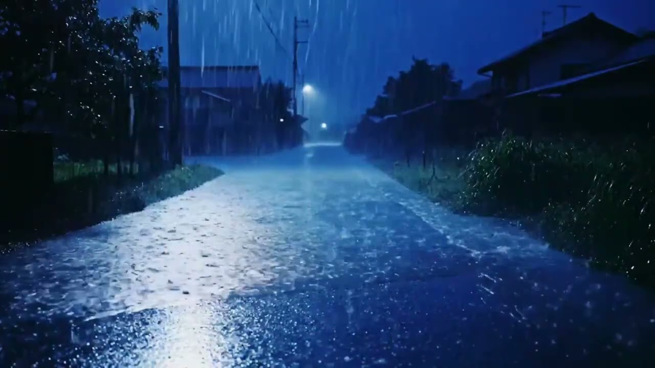 Serene Night Rainfall: Steady Showers on Peaceful Rural Streets Creating a Calm Embrace 184