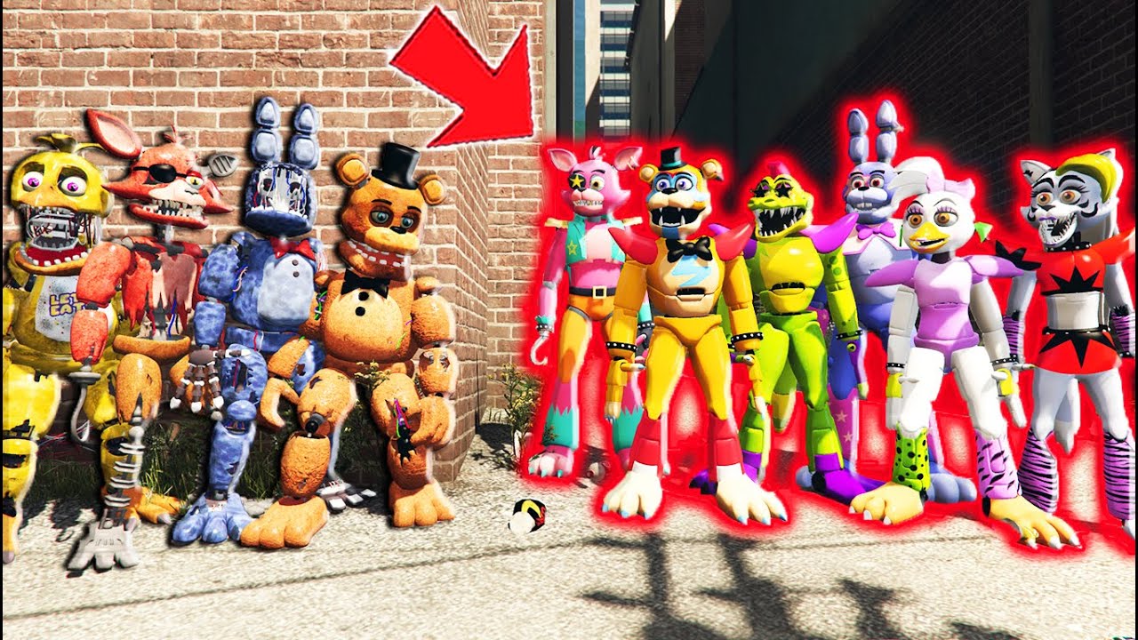 ALL WITHERED ANIMATRONICS vs ALL GLAMROCK ANIMATRONICS (GTA 5 FNAF Mods)