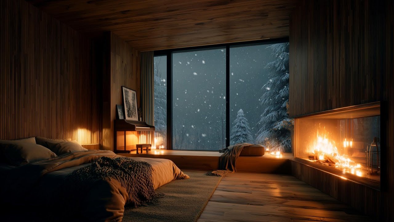 Snowy Night Jazz 🌨️ Soprano Sax & Piano | Warm Fireplace Bedroom Ambience