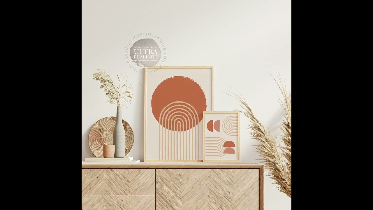 Boho Interior 2 Frames Mockup, Light Wood Frame Art Display, Frame On Sideboard