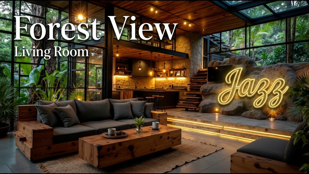 Forest View Living Room Jazz | Cozy Jazz Forest View & Relaxing Jazz Forest Ambience ~ 4K