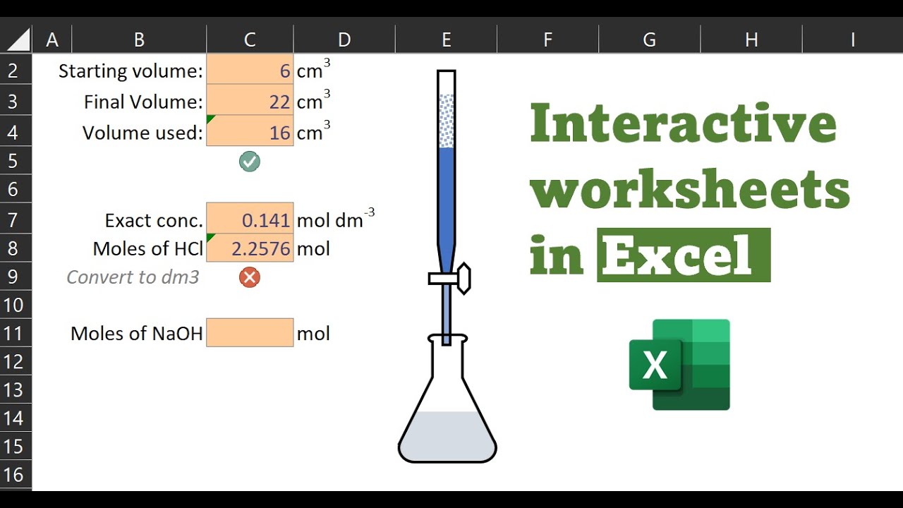 Self-marking Interactive Excel Worksheets for Teaching | Titration Example