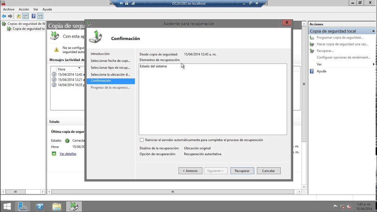 Windows Server 2012 R2 - Restaurar copia de seguridad de controlador de dominio