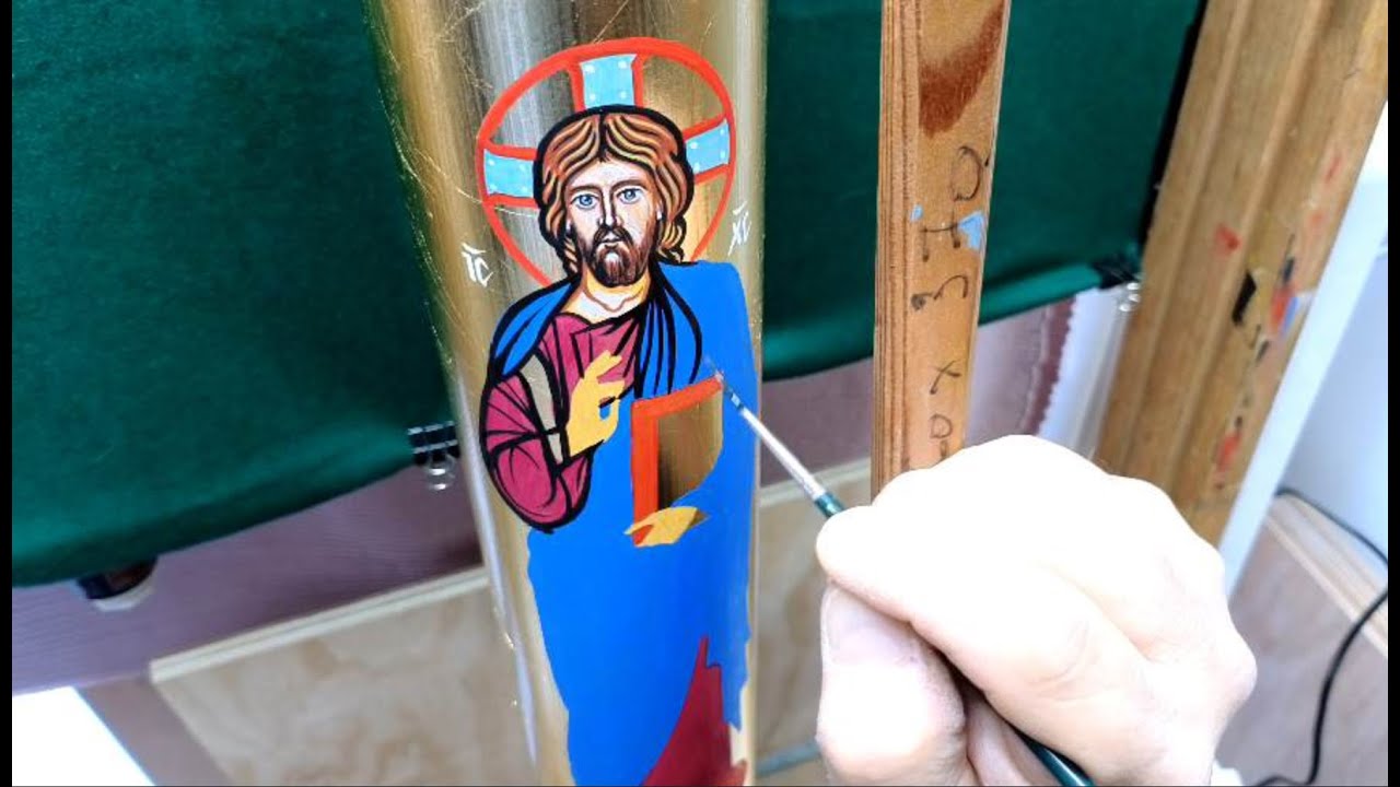 Il Cero Pasquale - Dipingere in stile grafico Il Cristo Pantocratore e la Madre di Dio.