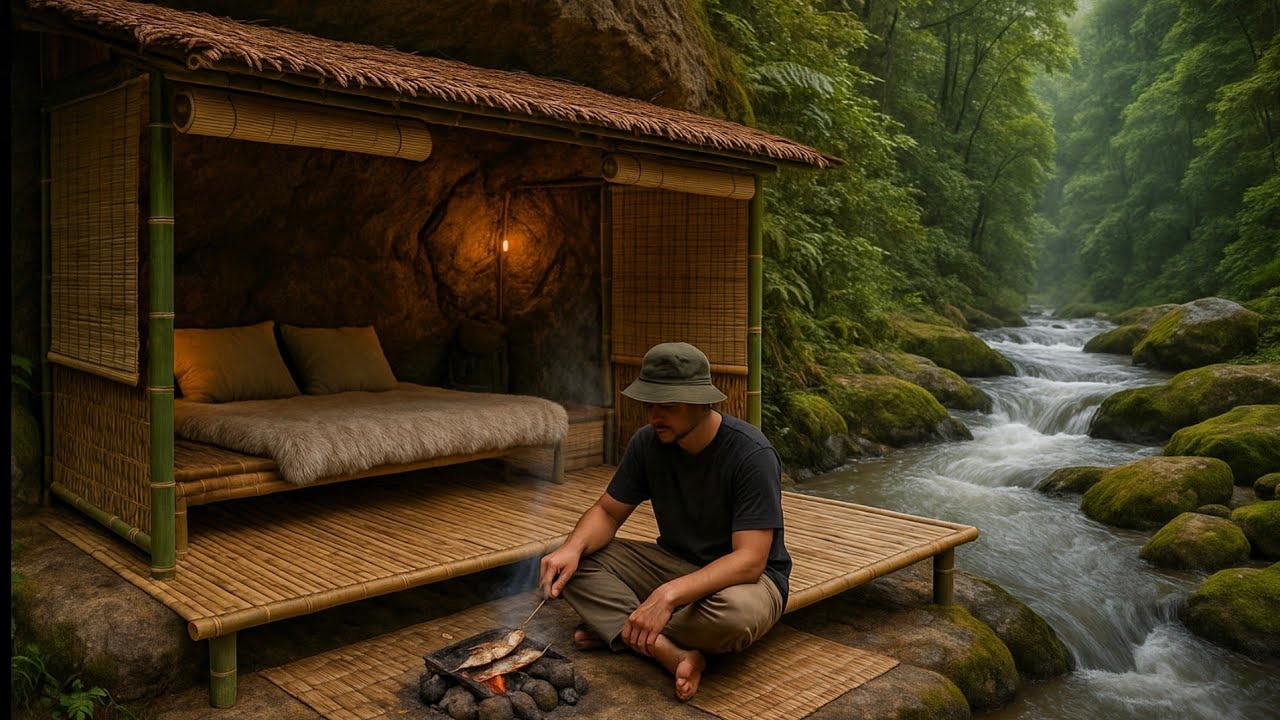 3 hari camping diguyur hujan deras, camping fishing di tepi sungai cantik, bikin shelter megah! 