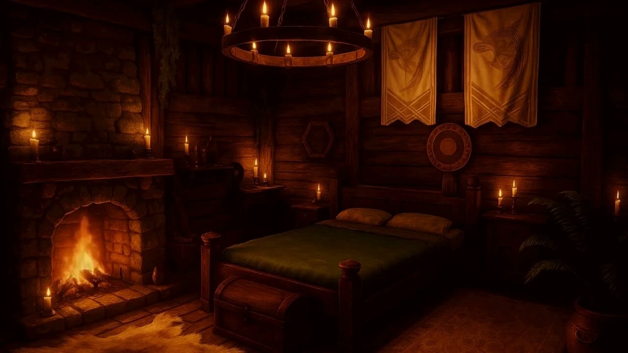 Cozy Medieval Bedroom Ambience – Fireplace Crackle & Thunderstorm Sounds