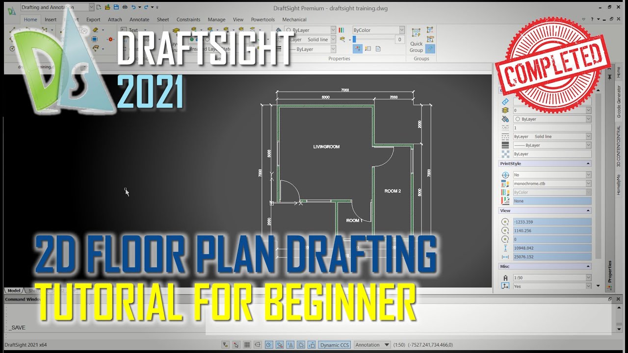 Draftsight 2021 2D Floor Plan Drafting Tutorial For Beginner [COMPLETE]