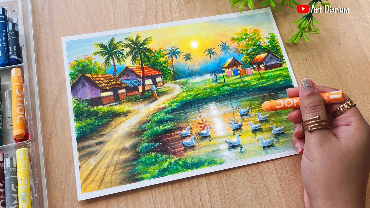 Morning Village Scenery drawing with Oil Pastel- Step by Step