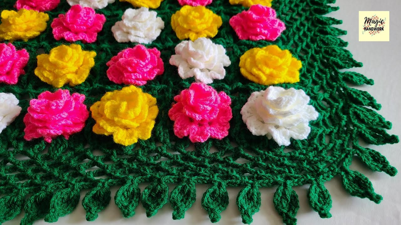 🌹गुलाब फूल थालीकवर, Square Tablemat, How to Crochet thalpose, Rose Shawl pattern, Refrigerator cover