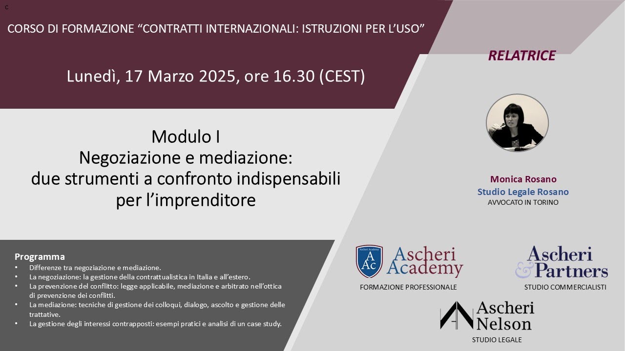 Corso di Formazione “Contratti internazionali: istruzioni per l’uso” - Modulo I