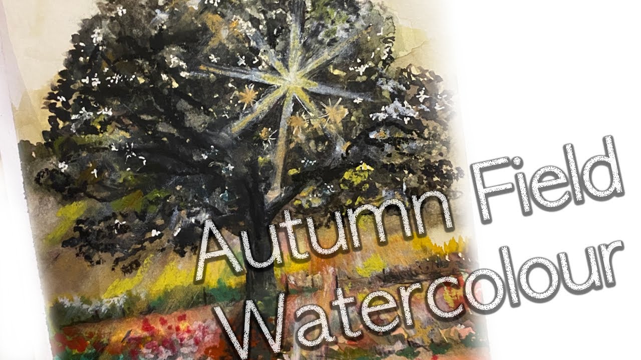 Cinematic Autumn Poppy Field With Light Bloom Effect Watercolour Art Tutorial [나무가 있는 가을 양귀비 꽃밭 수채화]
