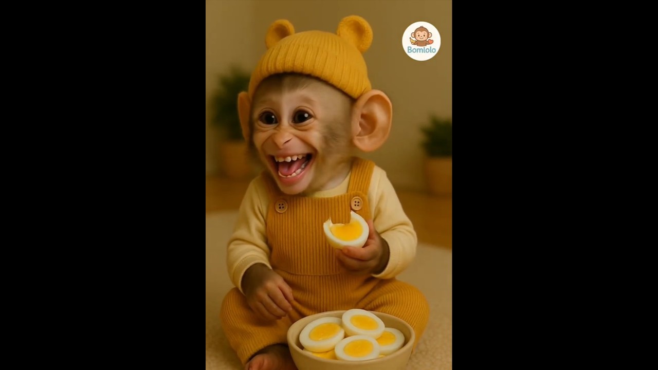 Look baby monkey eating egg 🥚