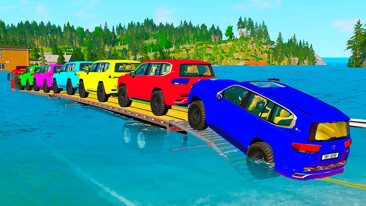 Triple Flatbed Trailer McQueen Transportation with Truck - Speedbumps vs Cars vs Train - BeamNG #95