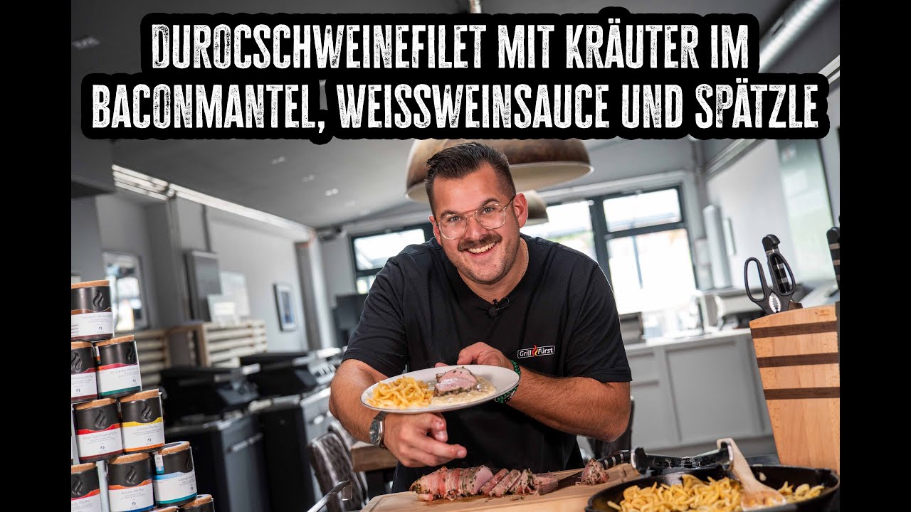 Durocschweinefilet mit Kräuter im Baconmantel, Weißweinsauce und Spätzle