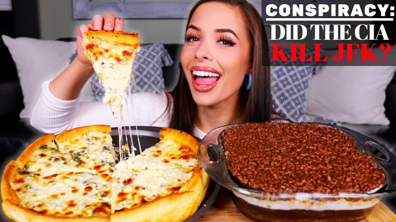 CHEESY DEEP DISH PIZZA + RICE KRISPIES BROWNIE MUKBANG