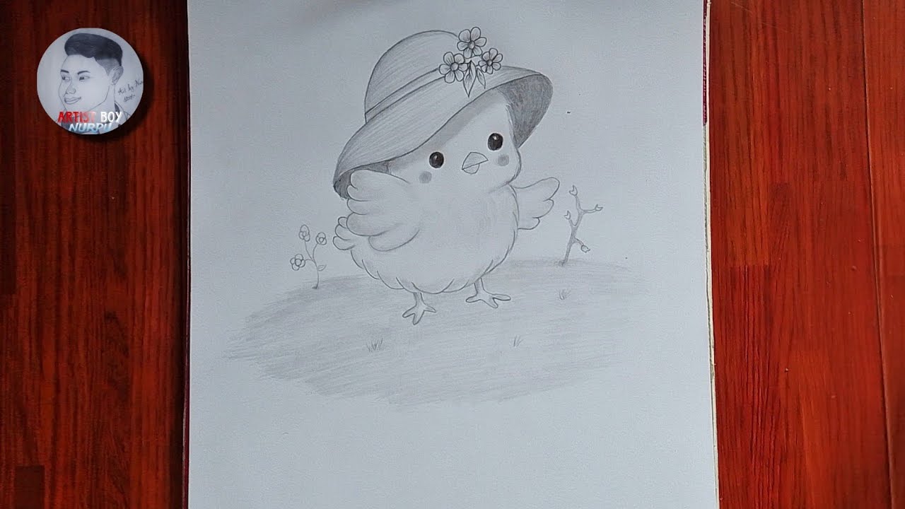 How to draw a super cute Baby Chick with a flower hat | Easy pencil drawing tutorial for beginners 