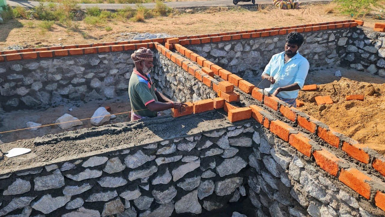 Strongest! Techniques of Basement_Stone Masonry Top Belt Brickwork and Concrete|Stone Wall Concrete