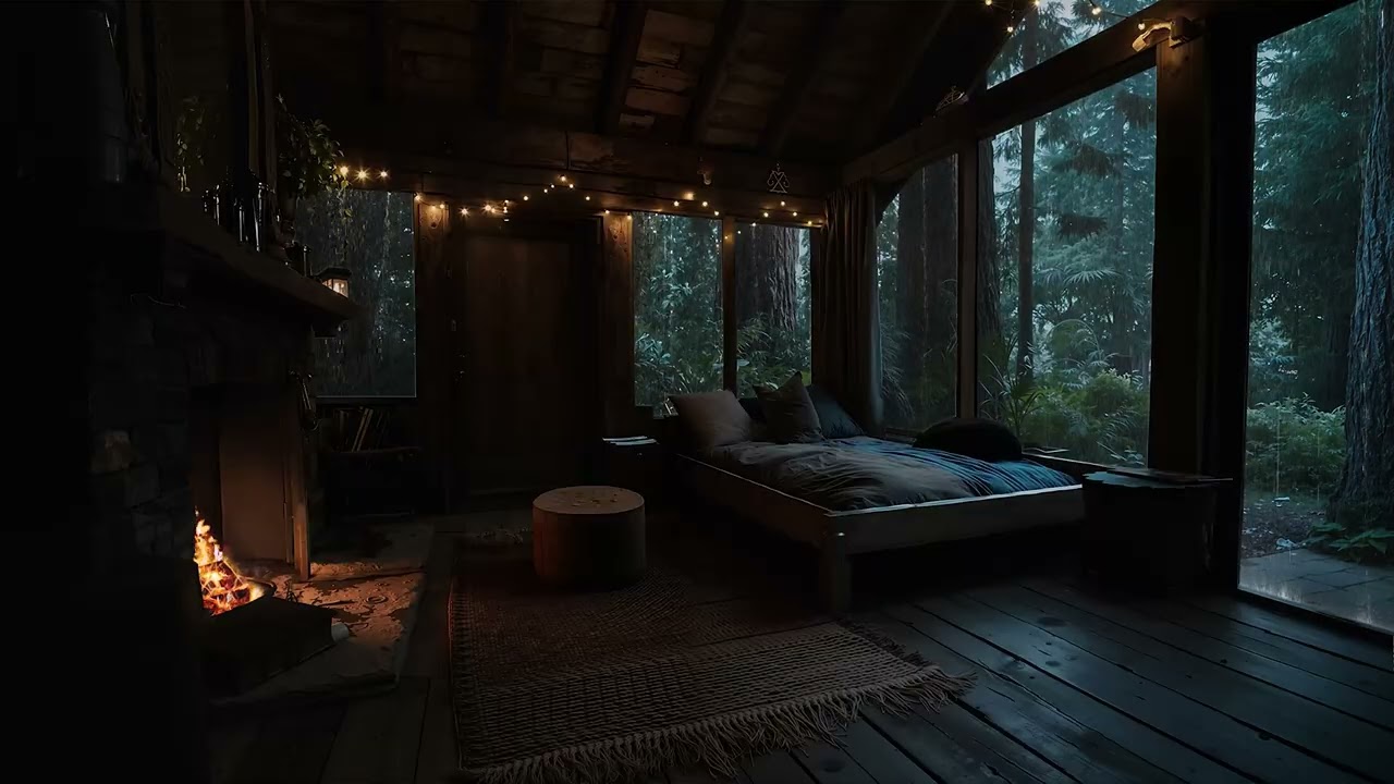 Rainy Night in a Cozy Cabin | Fireplace Crackling & Forest Rain Sounds for Sleep