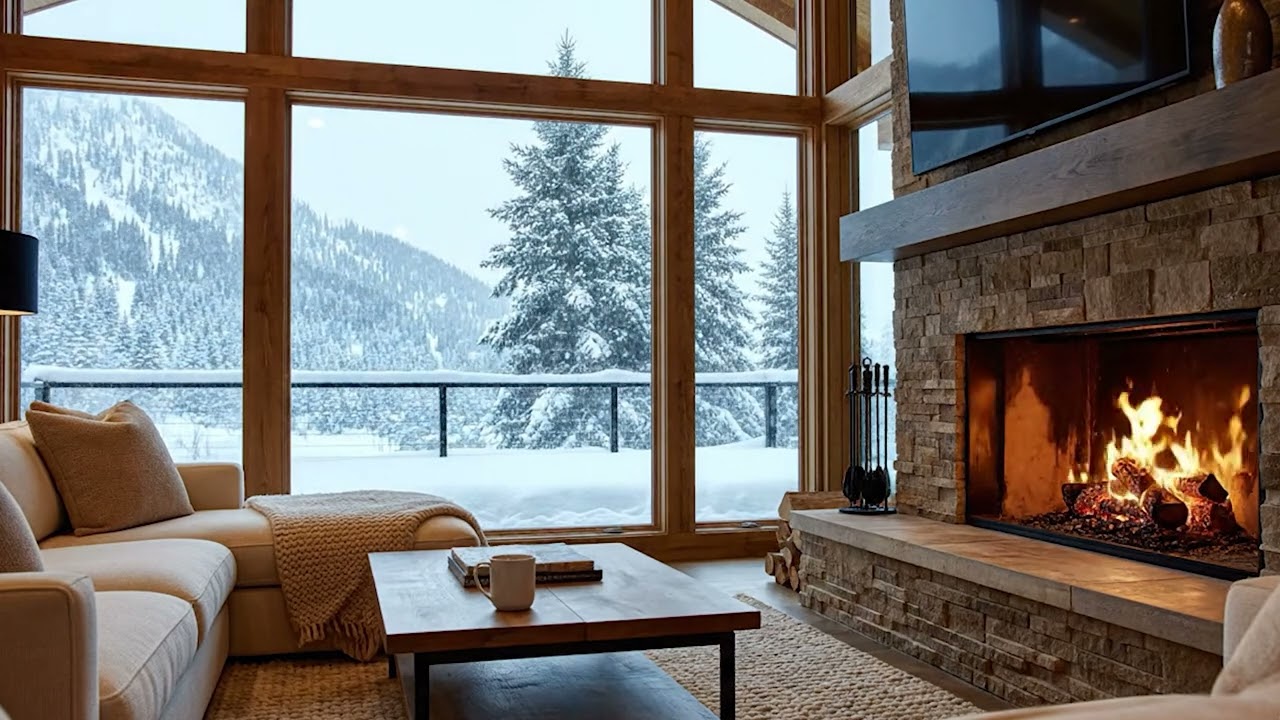 Relaxing Jazz in a Cozy Cabin | Fireplace Crackling & Snowy Mountain View