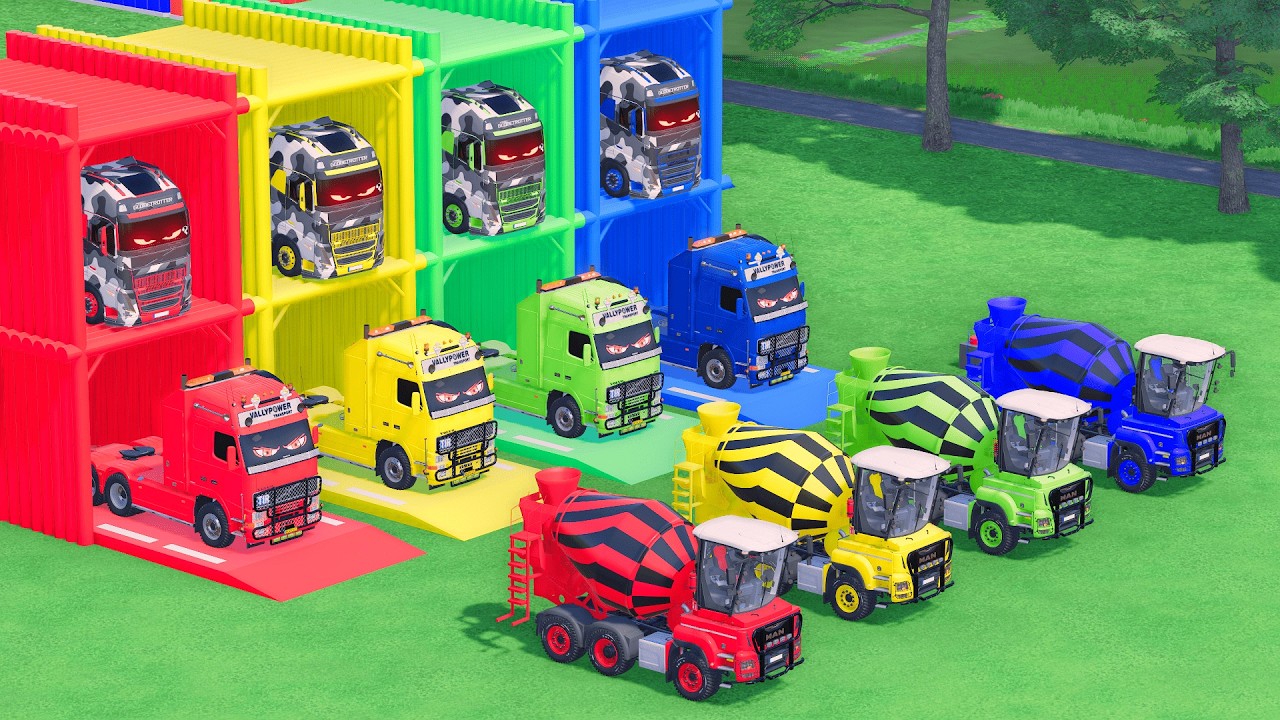 Garage with Colors ALL MIXER TRUCK WITH DOUBLE FLATBED TRAILER TRUCK, VOLVO EYES, MAN, FS22