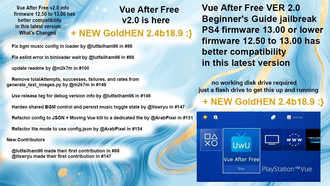 Vue After Free VER 2.0 Beginner's Guide jailbreak PS4 firmware 13.00 or lower + GoldHEN 2.4b18.9