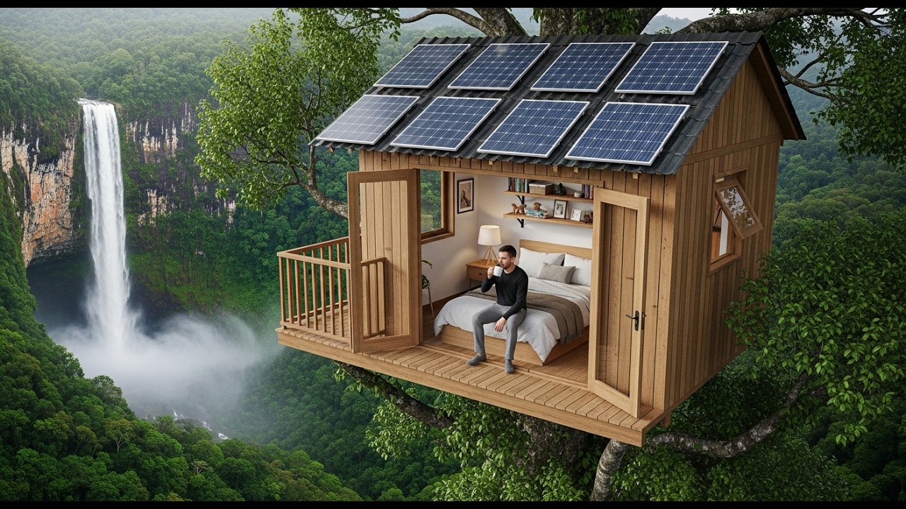 Tallest Tree House of the Year 🌲 Man Builds a Warm & Cozy Cabin 20m Above a Waterfall (ASMR)