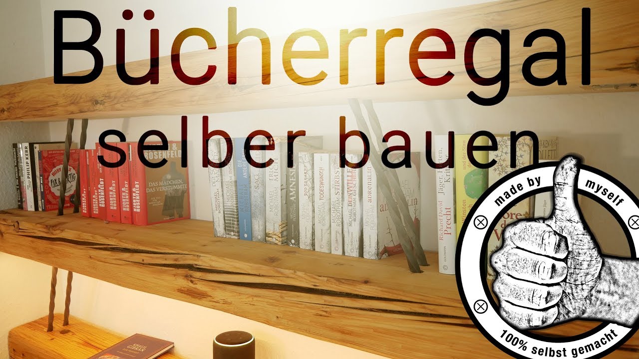 Bücherregal selber bauen Regal aus alten Balken mit Phillips Hue Leselampe und Sprachsteuerung