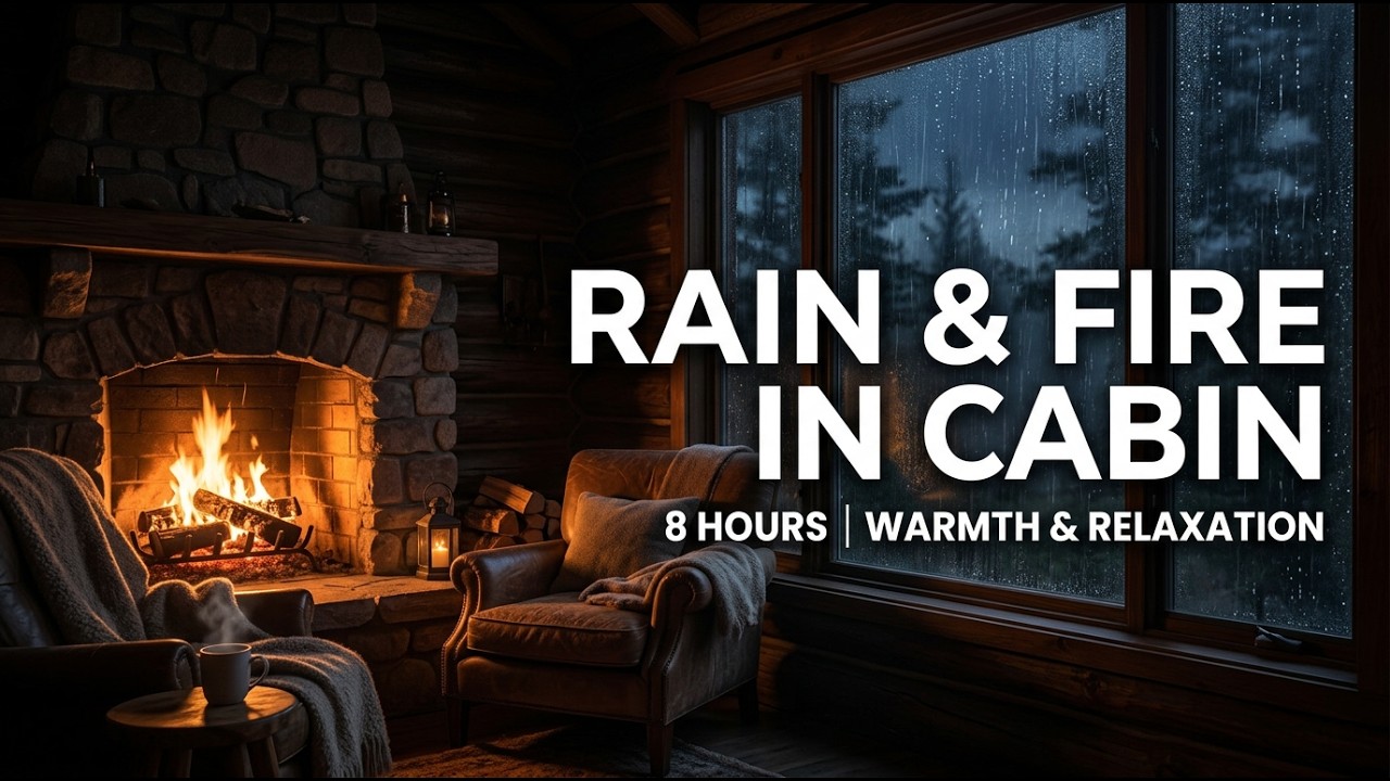 Cozy Cabin Rain with Fireplace Crackling — Sleep All Night | 8 Hours
