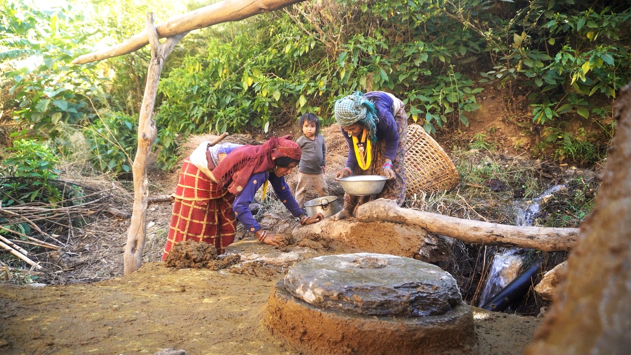 village life || rural Nepal || life in rural Nepal || village water mill smearing ||