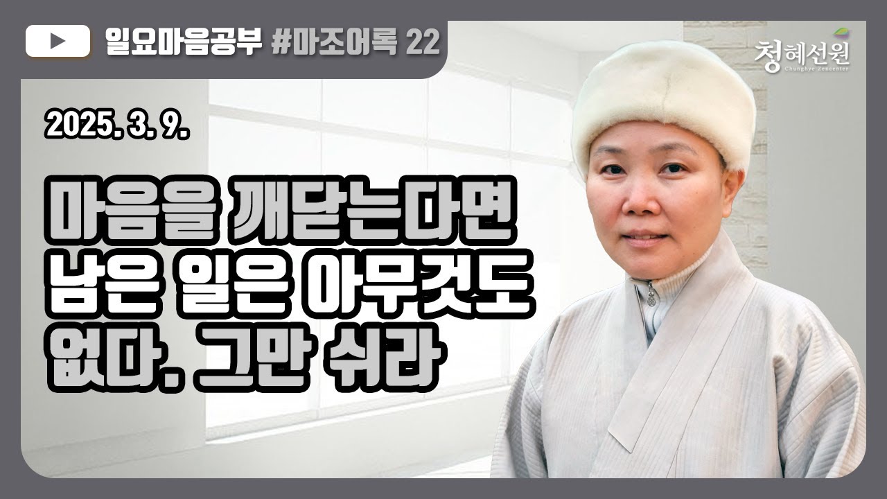 2025.03.09. [청혜선원] 일요공부ㅣ마조어록  제22회  14. 마음을 깨달으면 된다:  