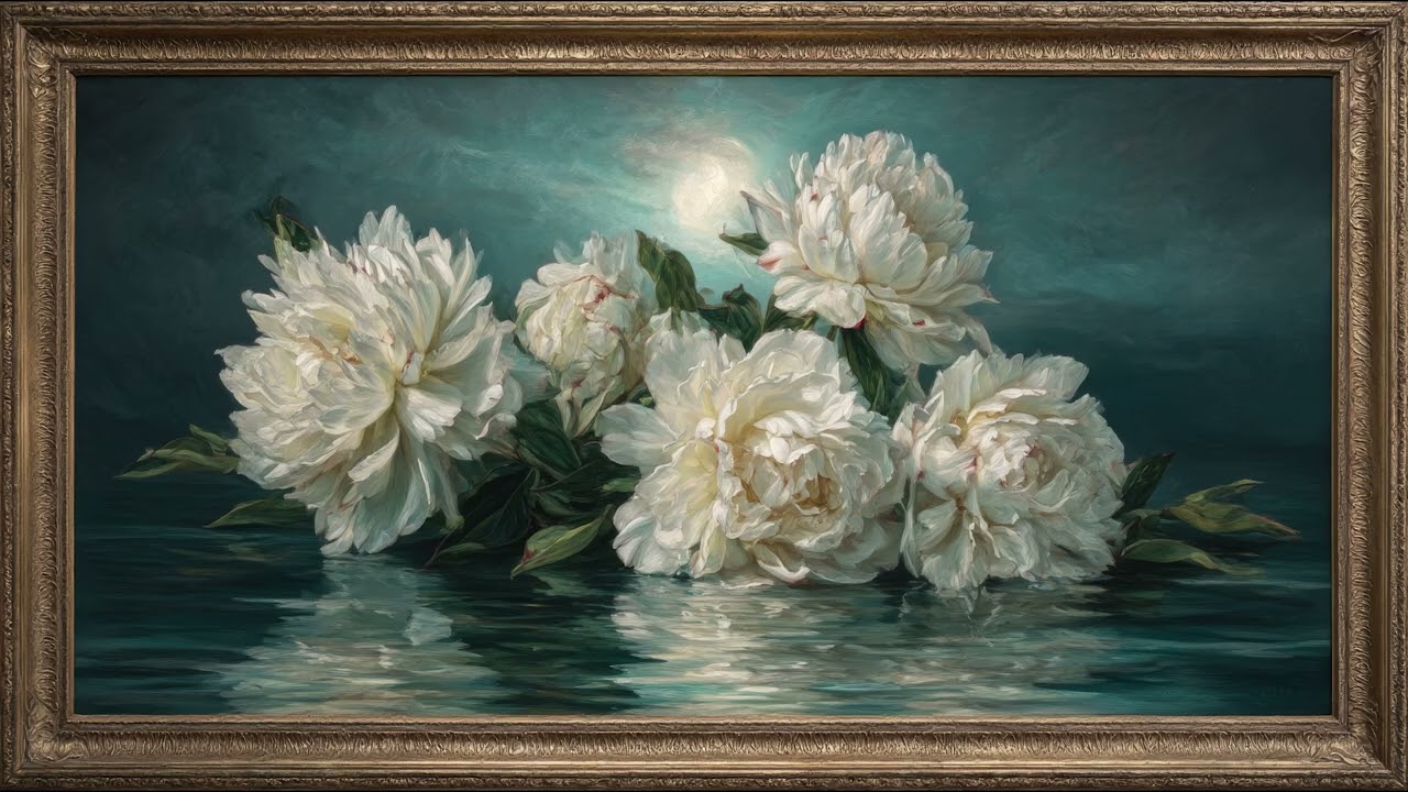 WHITE PEONIES IN MOONLIGHT | CALM, ELEGANT & TIMELESS ART 8 HOURS